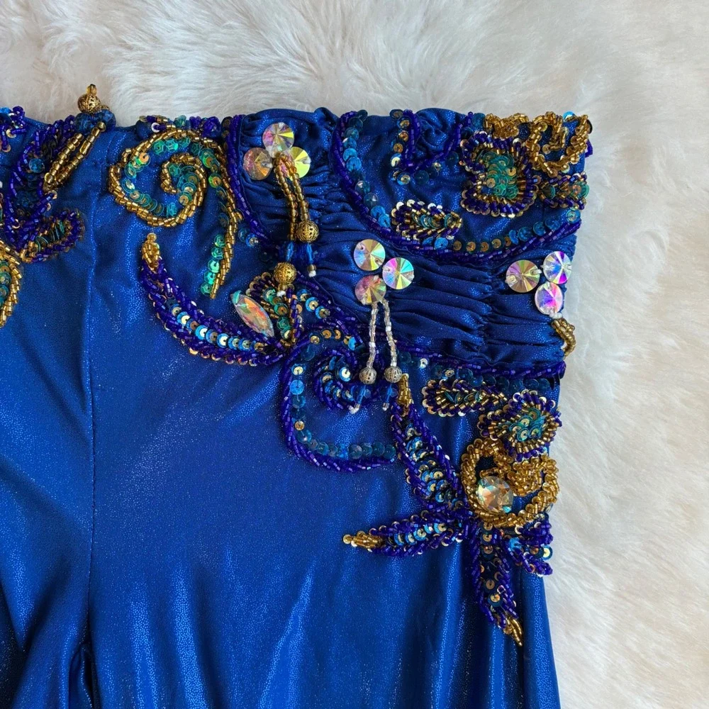 Hand Beaded Bedlah Blue Belly Dancing Costume Set Bra Top and Harem Pants